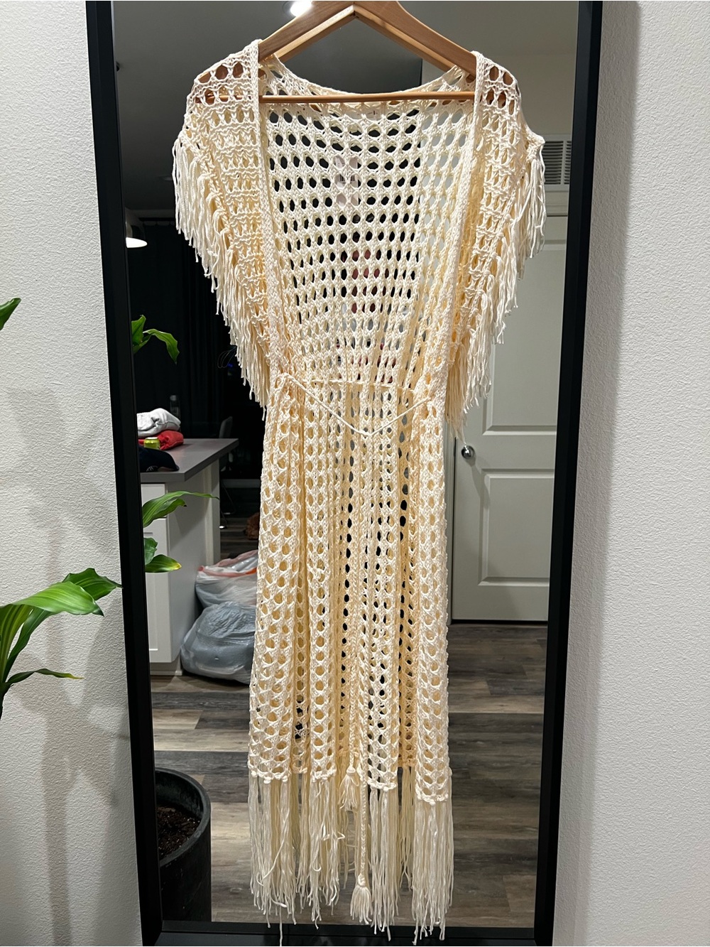 Anthropologie NWT Open Knit Kaftan Beach Cover Up Midi Kimono One Size Fringe
